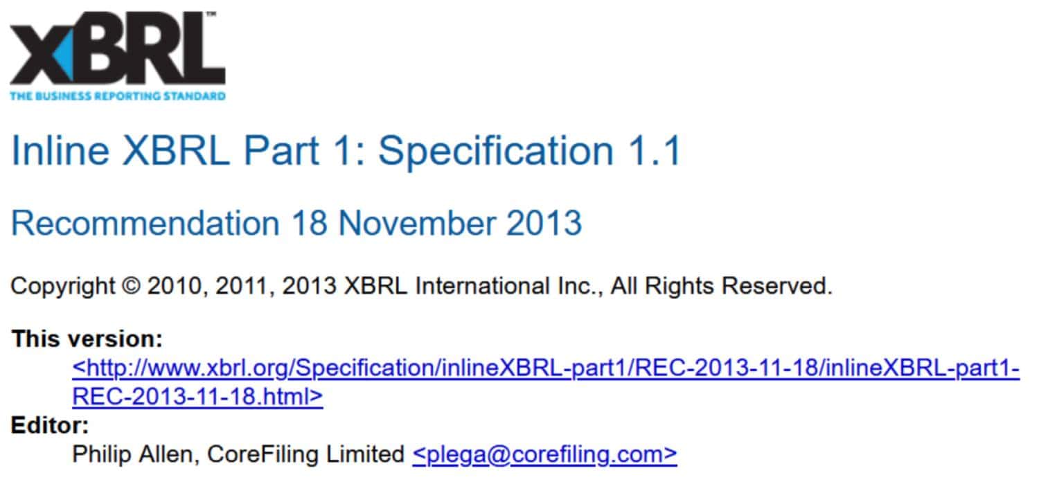 Inline XBRL Part 1_ Specification Screenshot of the iXBRL standard written by CoreFiling's chairman Philip Allen.