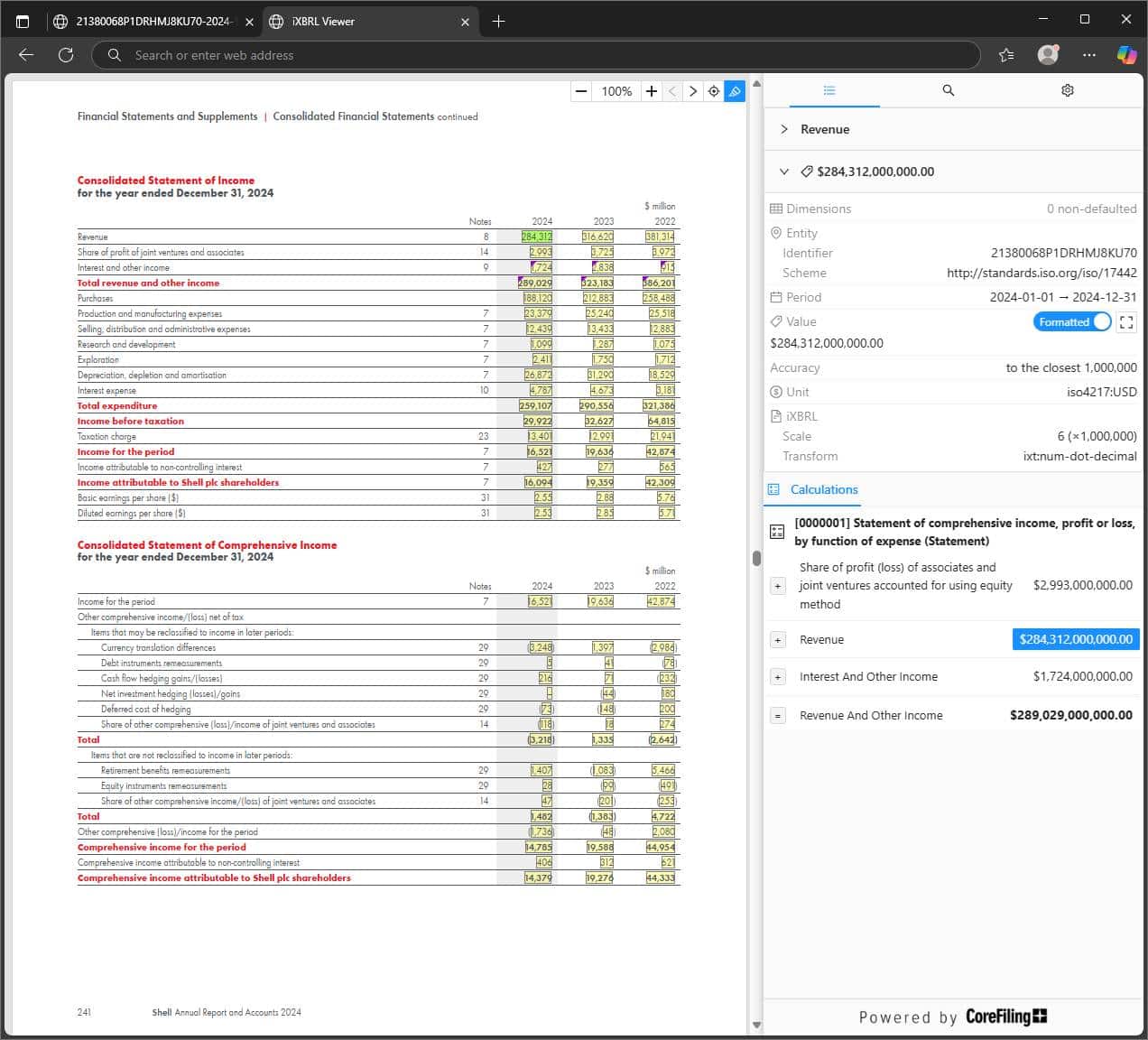 iXBRL opened in CoreFiling's iXBRL viewer and showing iXBRL tags.