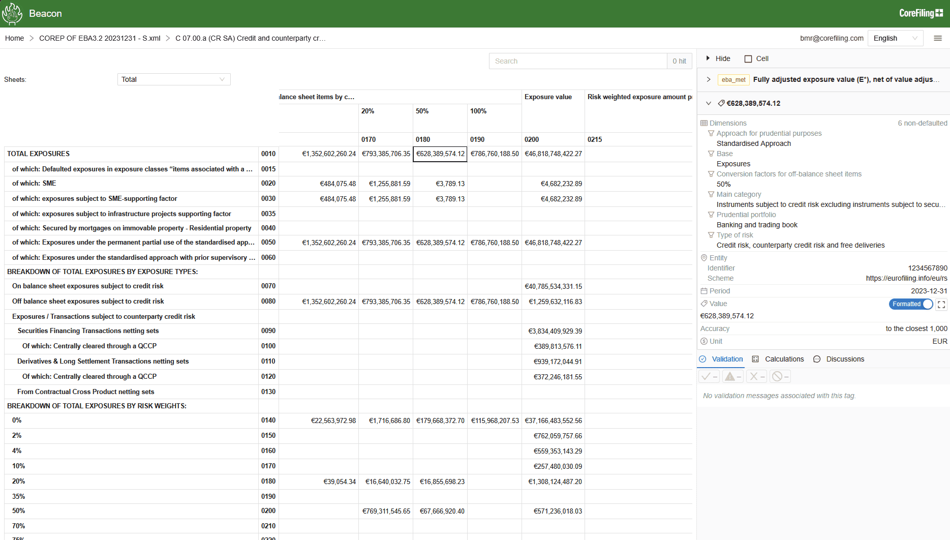 A sample regulatory return in an XBRL viewer, the value is shown on the left and the tag is shown on the right.